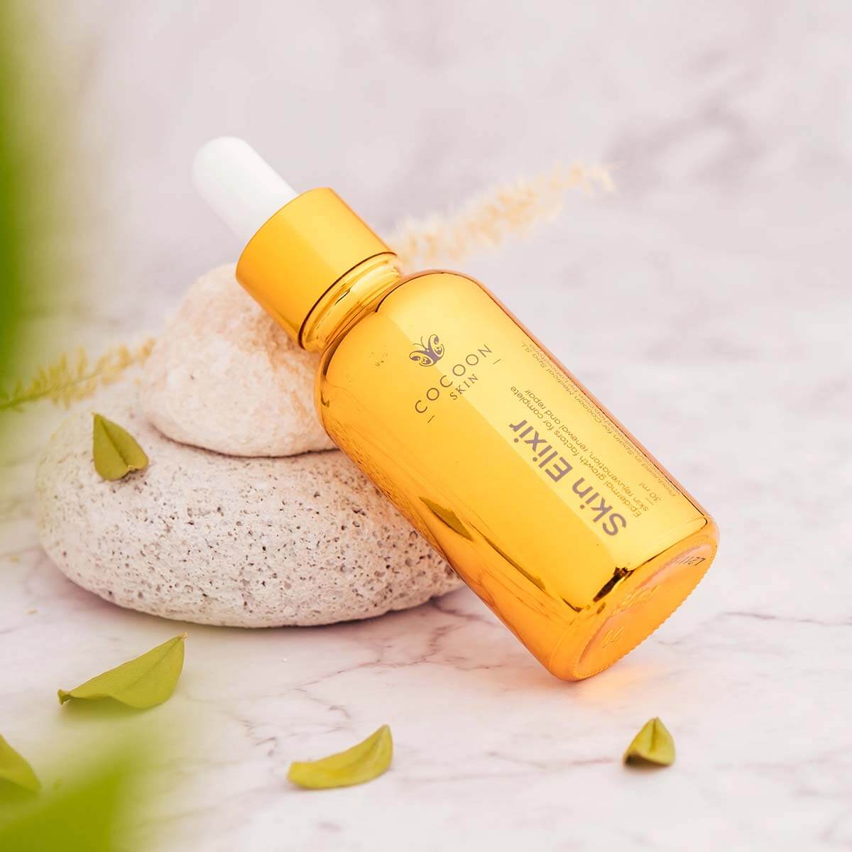 Anti-Aging Skin Promotion including Skin Elixir in a golden bottle on a stone surface with green leaves.